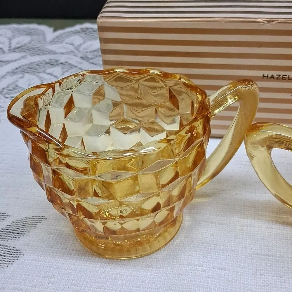 Vintage amber glass creamer and sugar set‎ -cubist depression glass